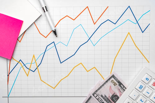 Preview: Office workplace table with report pages with financial data