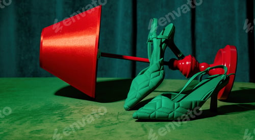 Preview: Green heels and red lamp on a table and green curtains on background