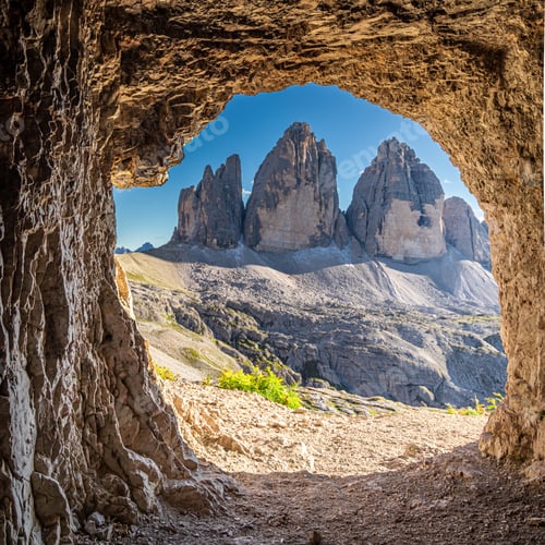 Preview: View to Tre Cime di Lavaredo from cave, Dolomites, Europe
