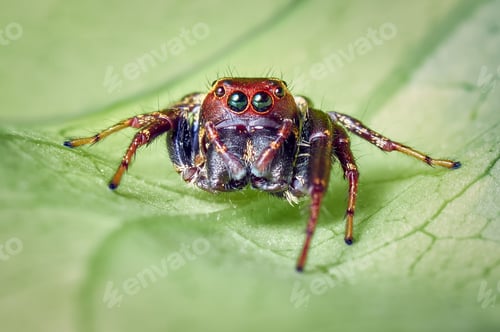 Preview: Extreme Close-Up of Jumping Spider on Green Leaf