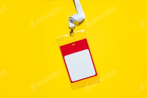 Preview: ID badge with lanyard on yellow background. Simple design with space for name