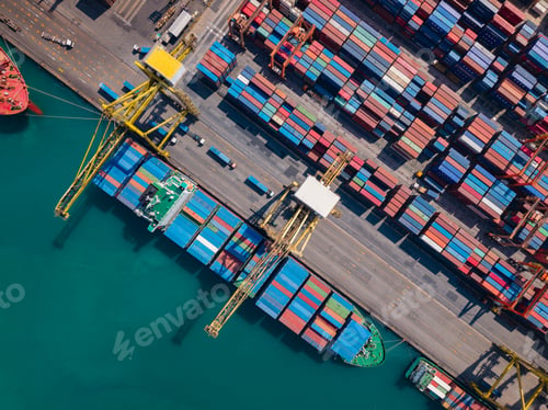 Preview: Aerial view of busy container terminal and cargo cranes