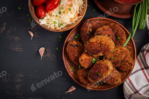 Preview: Juicy delicious meat cutlets on a dark table. Russian cuisine. Top view