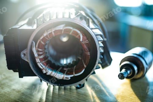 Preview: Close-up of a disassembled metal motor with wire