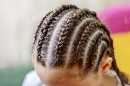 Preview: Girl with many small braids. Texture of plaits. Close-up, selective focus