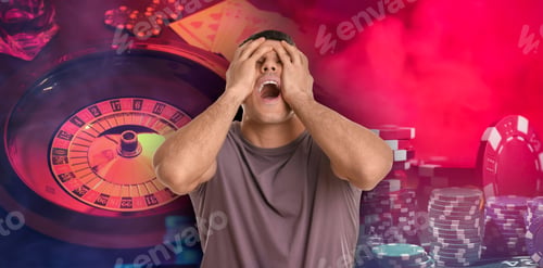 Preview: Emotional gambler, casino chips, playing cards and roulette. Banner design
