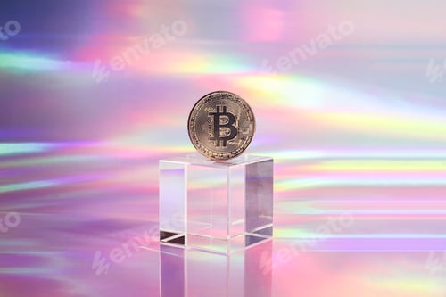 Preview: Golden bitcoin coin on podium on holographic, abstract, neon background. digital currency, business