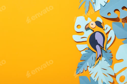 Preview: Paper blue tropical leaves on a yellow background. With a parrot.