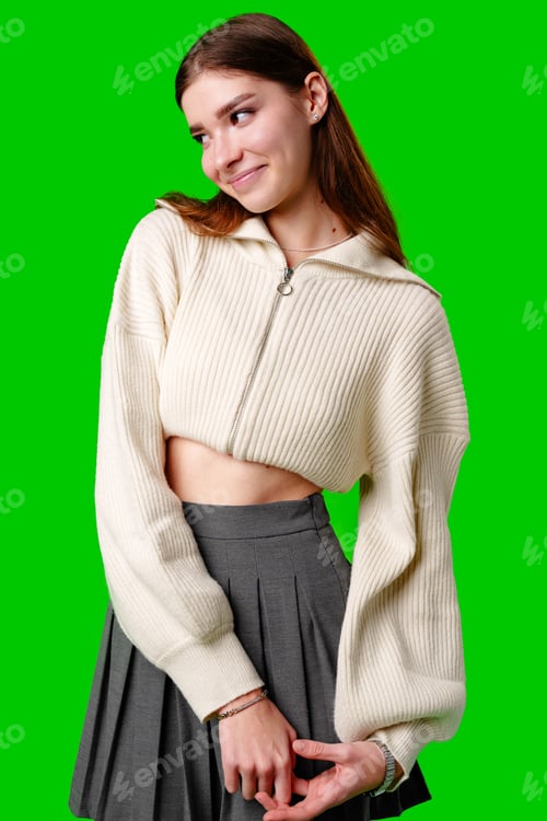 Preview: Woman in Skirt and Sweater Posing for Picture