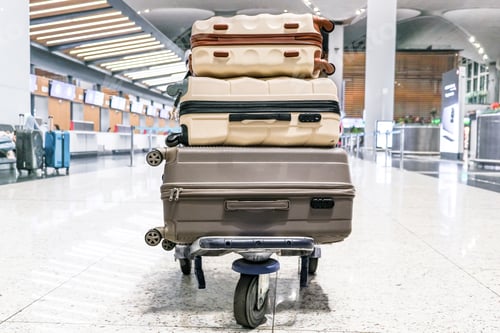 Preview: Young woman traveling solo.Traveller alone at the airport with suitcases,big luggage,travel banner