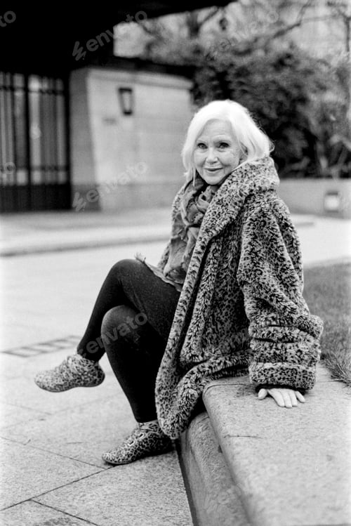 Preview: Senior woman smiling on street in vintage fur coat