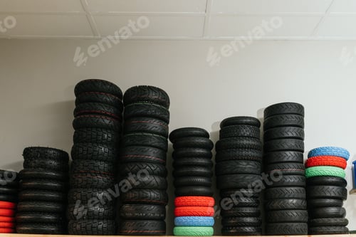 Preview: A shot displaying tires of bicycles, mini bikes, and scooters of various sizes and thicknesses.