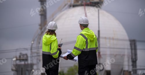 Preview: Worker wearing safety helmets and high-visibility jackets, engaged in conversation at an oil refiner