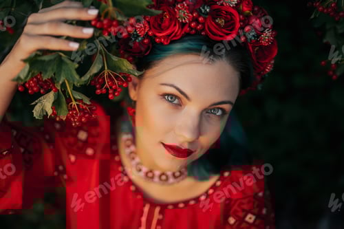Preview: Woman in Red Flower Crown and Embroidered Dress