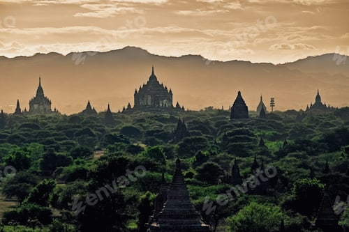 Preview: Dark moody sunset with ancient temples in Bagan, Myanmar