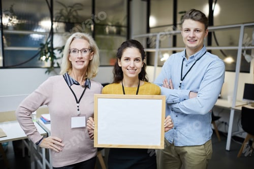 Preview: Positive colleagues presenting project using banner