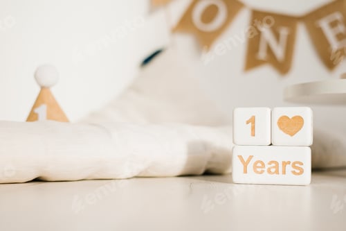 Preview: Wooden Cubes, Perpetual Calendar with One Year. Photo zone of the Celebration of the First Year