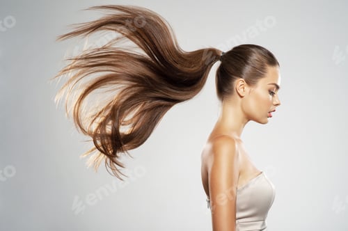 Preview: Beautiful Brunette Woman with Long Flowing Ponytail