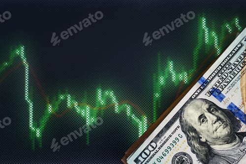 Preview: Dollar banknotes against stock quotes background. Finance and a business concept