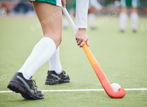 Preview: Woman athlete, hockey and field for game goal training or running, workout on grass turf. Professio