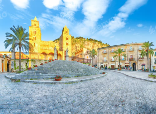 Preview: Attractive evening view on Cathedral-Basilica of Cefalu or Duomo di Cefalu and square Piazza
