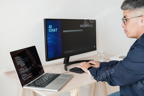 AI chatbot: Programmer using artificial intelligence for software development inside office