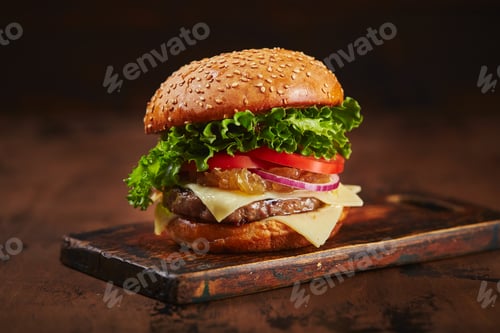 Preview: Homemade burger with beef, cheese and onion marmalade on a wooden board. Fast food concept, american