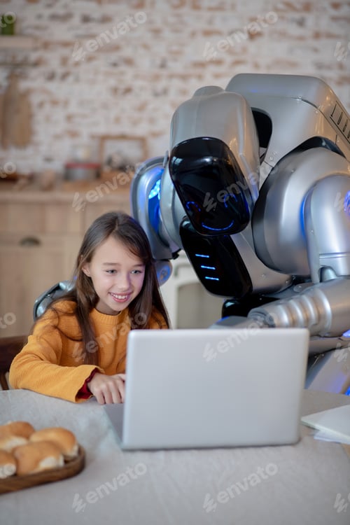 Preview: Robot and a girl in orange shirt looking involved
