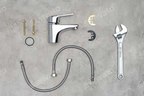 Preview: top view of water mixer surrounded with various plumbing pieces and wrench on concrete surface