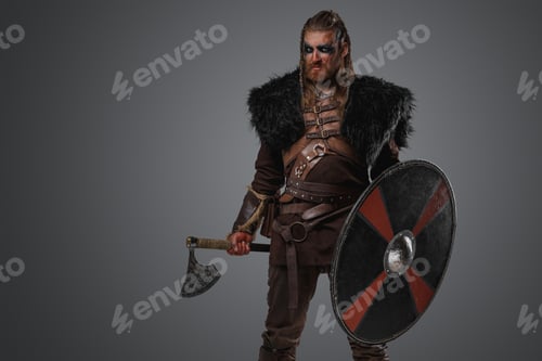 Preview: Antique viking with axe and deerskin against grey background