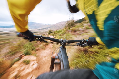 Preview: Mountain, fast and hands cycling with speed on nature trail for bicycle fitness, race or workout. B