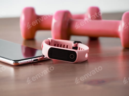 Preview: Fitness Tracker and Dumbbells on Wooden Table