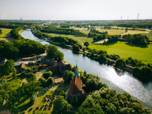 Preview: Summer aerial drone view landscape navigable river with bridges, agricultural fields