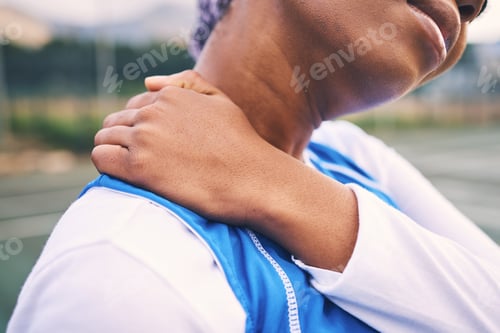Preview: Neck pain, sport injury and netball athlete on a outdoor sports court with joint or muscle problem.
