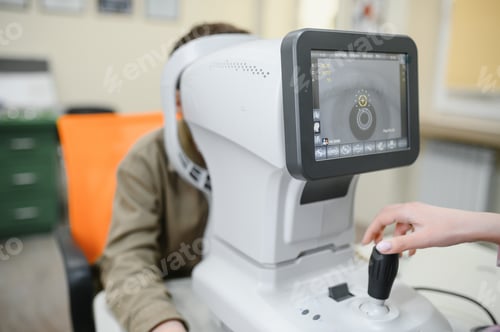 Preview: Ophthalmologist examining eyesight of patient with autorefractometer in clinic