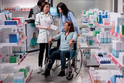 Preview: Social worker and wheelchair user in drugstore
