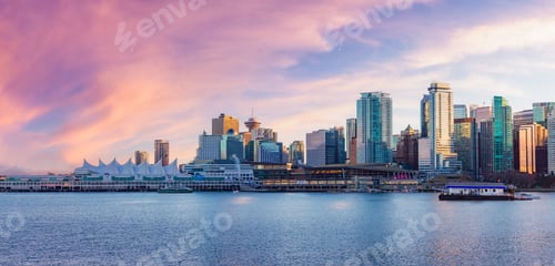 Preview: Downtown Vancouver Urban Building Skyline. Sunset Sky.