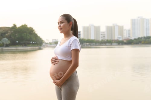Preview: Portrait of Beautiful pregnant woman in the park