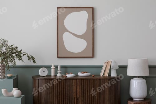 Preview: Warm and cozy composition of spring living room interior with mock up poster frame, books