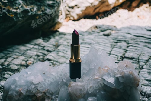 Preview: A small red lipstick is sitting on a pile of white rocks