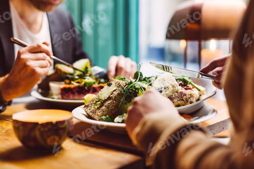 Preview: Sweden, Stockholm, Gamla Stan, Two men having lunch, close up of hands