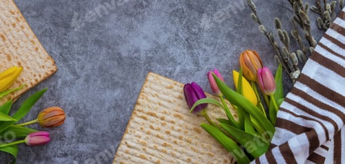 Preview: Blessings Pesach Jewish traditional holiday on Passover celebration of flowers and matzah bread