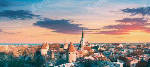 Preview: Tallinn, Estonia. Panoramic View Of Part Of Tallinn City Wall With Towers, At Top Of Photo There Is