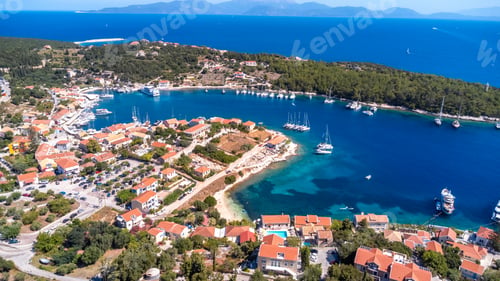 Preview: Aerial summer view of Fiskardo village harbor on Kefalonia island, Greece