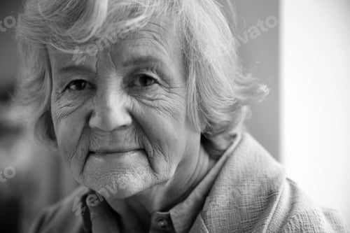 Preview: Portrait of elderly woman indoors. Black and white effect