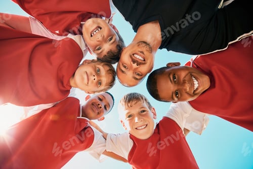 Preview: Football, sports and group children in circle for game strategy, teamwork and collaboration plannin