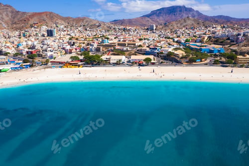 Preview: Aerial view of Laginha beach in Mindelo city in Sao Vicente Island in Cape Verde
