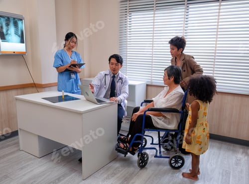 Preview: At hospital room patient sit on wheel chair looking x-ray film and listen doctor explanation