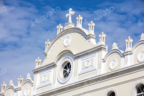Preview: Tinos island, Cyclades, Greece. Evangelistria Greek Orthodox Church, blue sky