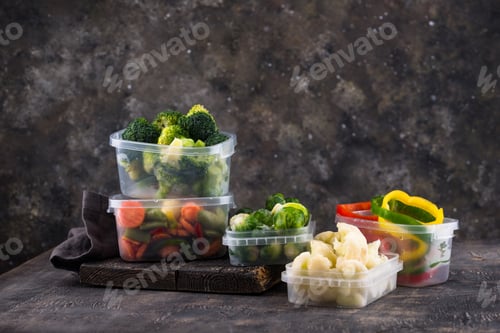Vista previa: Different frozen vegetables. Food storage.